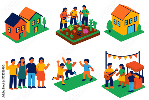 Vibrant Community Life. Isometric vector illustration set Community Formation: neighborhood houses, shared garden, community