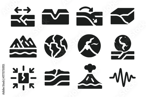 Planetary Tectonics Icons. Solid style icons of planetary tectonics: fault line arrows, rift valley, subduction diagram, uplifted