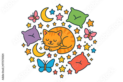 Dreamy Cat Mandala. Sleeping cat in the center with cushions, moons, butterflies, and stars forming a dreamy mandala balance,