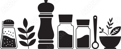 Black silhouette icons of kitchen spices and herbs salt pepper