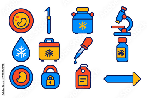 Embryo Preservation Icons. Flat vector icons of Embryo Preservation: embryo cell icon, storage straw, cryo tank, microscope,