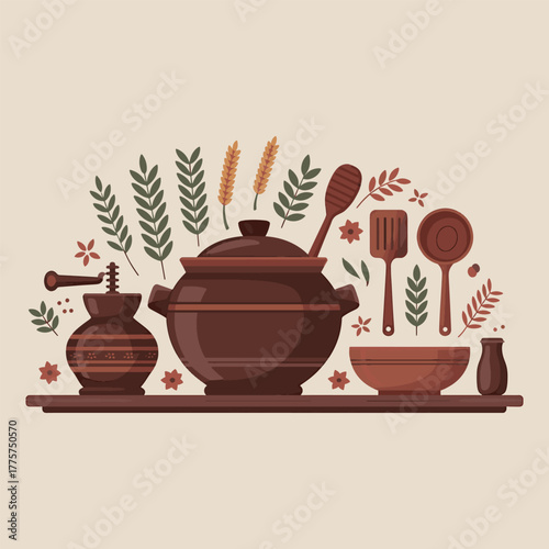 Rustic kitchenware and botanical elements arranged on a shelf pottery earthenware