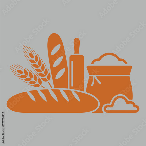 Orange bread wheat rolling pin and sack of flour graphic on grey background vector