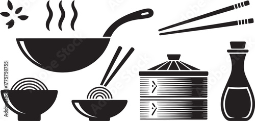 Black and white icons of Asian food preparation and serving cooking chopsticks