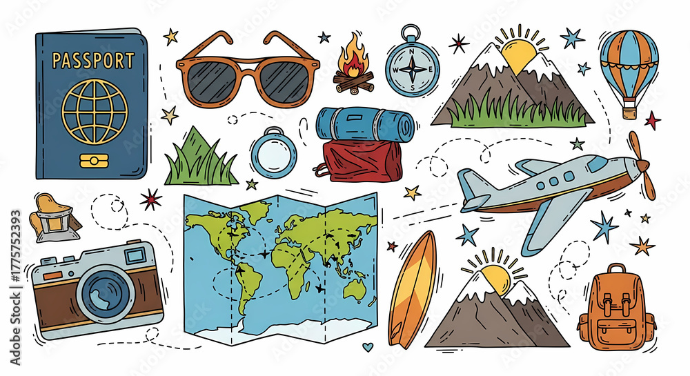 Obraz premium Vibrant hand drawn travel and adventure symbols. Doodle drawings of passport, camera, sunglasses, world map, airplane, mountains. Energetic and playful line art for wanderlust themes