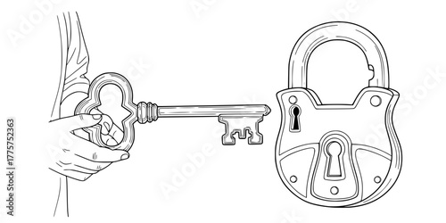 Key Unlocking Padlock SEO Access Minimalist Line Art Vector