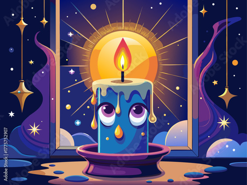 A lit candle with dreamy eyes and soft wax drips gazes at the stars through a window, radiating calm, romance, and warm energy, detailed vector illustration