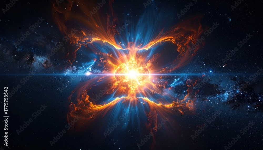 Fototapeta premium Exploding starburst in cosmic void forming butterfly like symmetry symbolizing renewal, explosive energy and transformation in universal cycle