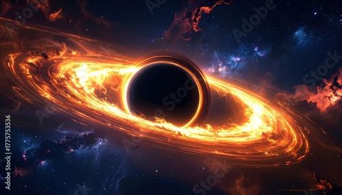 Massive black hole with swirling fiery accretion disk in glowing cosmic light, symbol of destruction, rebirth and ultimate force of universe mystery