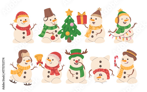 Cute snowmen funny hand drawn Christmas characters celebrating winter holiday, having fun set