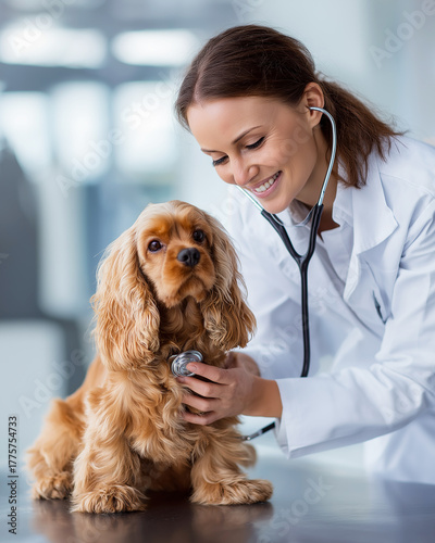 Veterinarian listens to a dog with a stethoscope in a veterinary clinic. Calm well lit exam room conveys professional care.