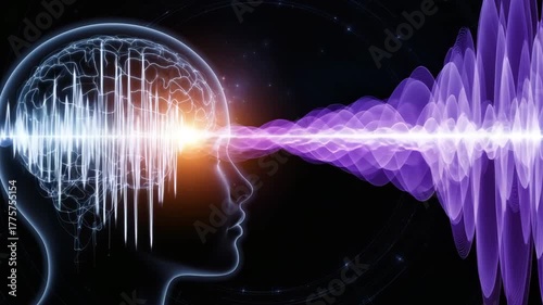 Human brain connected with sound wave, concept of neural music, artificial intelligence and digital sound perception