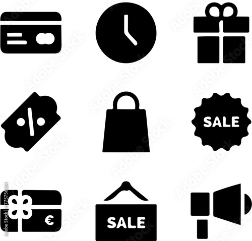 E-commerce Icons Time, Gift, Sale, Shopping, and Payments for Online Businesses