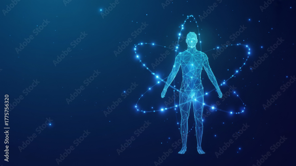 Naklejka premium Abstract human body silhouette and nuclear atom model. Science, medicine, and health innovation concepts. AI doctor interface on blue technology background. 3D low poly wireframe vector illustration. 