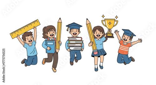 Happy School Kids Celebrating Success with Books, Pencils, and Trophy