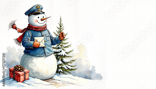 Snowman postman holding a letter in a winter landscape with Christmas tree  