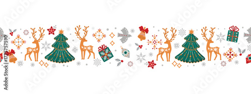 Christmas seamless border with deer, bird, spruse tree, holly, bells, gift boxes. Scandinavian style background with cartoon objects decorated with folk ornaments. Vector design for winter holidays.