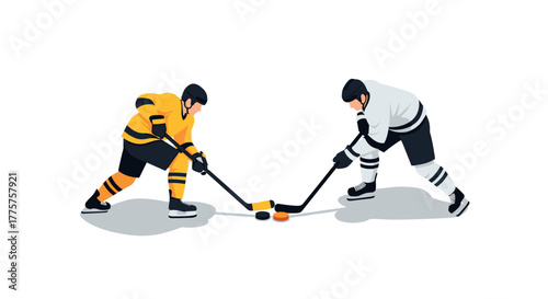 Ice hockey faceoff between two players in action