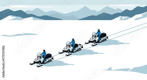 Winter adventure isometric snowmobiles in arctic landscape