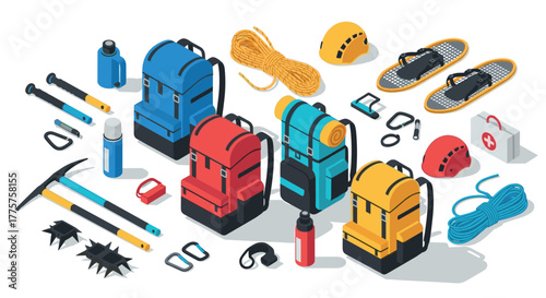 Outdoor adventure gear in isometric style featuring backpacks, climbing tools, and safety equipment