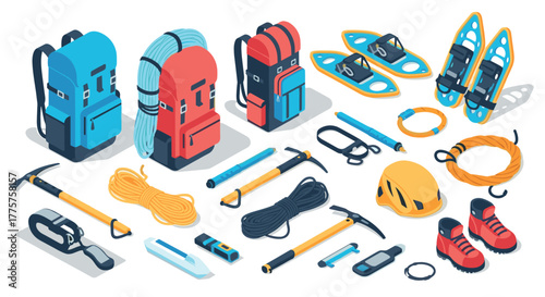 Outdoor adventure gear in isometric style climbing and hiking equipment collection
