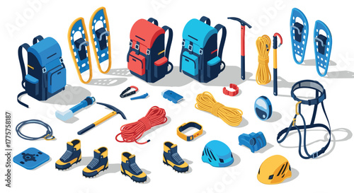 Essential hiking and climbing gear in modern isometric design