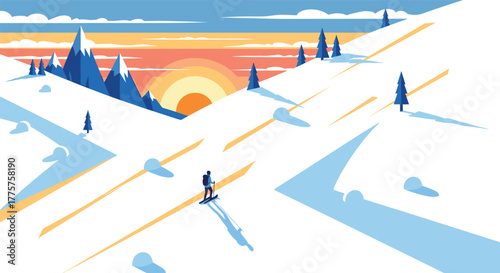 Minimalist winter scene with skier in colorful mountain sunset landscape