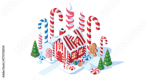 Festive gingerbread house with candy canes and christmas trees in isometric style