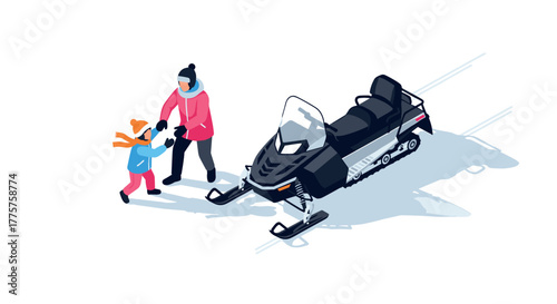 Isometric winter scene family fun with snowmobile and snowy adventure