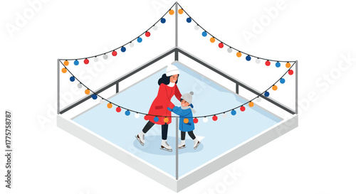 Mother and child ice skating in festive rink with colorful lights in winter wonderland