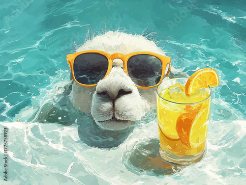 Llama in a turquoise pool wears orange sunglasses. A glass of orange juice sits beside the llama.