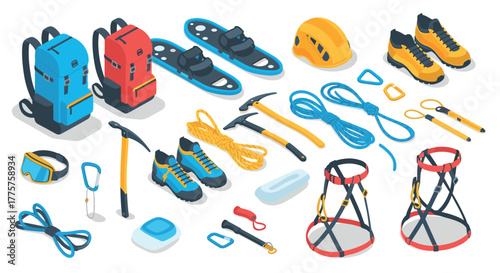 Modern isometric mountaineering gear collection with backpacks, helmets, and climbing equipment