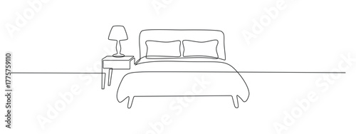 Continuous one line drawing of double bed in bedroom. Modern interior and heim furniture in simple Linear style. Doodle sketch vector illustration