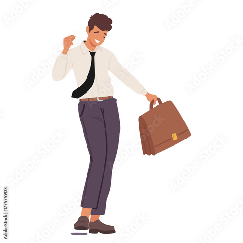 Young businessman cartoon character wearing formal wear carrying briefcase expressively dancing