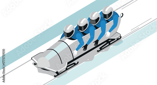 Dynamic bobsled team racing down the ice track in sleek isometric style