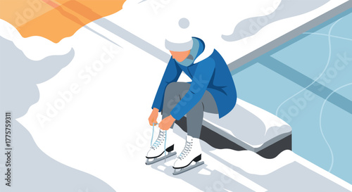 Person tying ice skates on snowy bench by frozen rink in winter scene