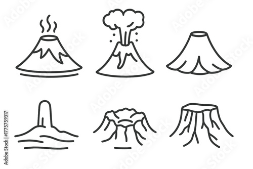 Volcanology Icon Set. Line style icons of volcanology: ancient volcano icon, paleo-eruption, extinct cone, geological remnant,