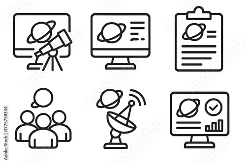 Exoplanet Research Icons. Line style icons of exoplanets: space observatory control, real-time data screen, exoplanet detection