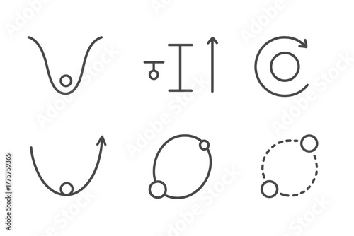 Astrophysics Icon Set. Line style icons of astrophysics: gravitational potential well, energy state diagram, angular momentum