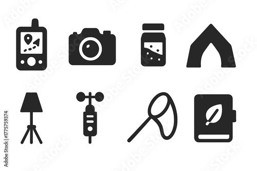 Field Research Icons. Solid style icons of Field Research: GPS device, camera, sample container, observation tent, tripod lamp,