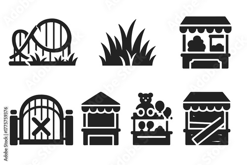 Abandoned Fairground Icons. Solid style icons of Abandoned Fairgrounds: cracked roller coaster, overgrown grass, weathered popcorn