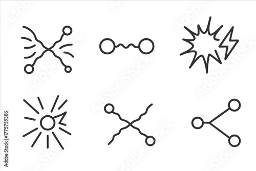 Dark Matter Icons. Line style icons of dark matter: dark matter annihilation, particle-antiparticle pair, energy release icon,
