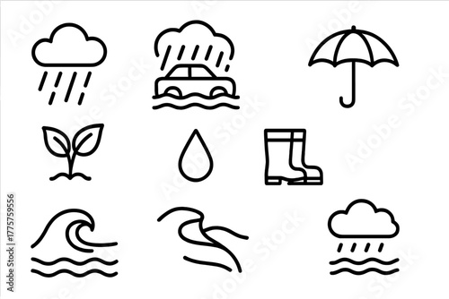 Weather Icons Collection. Line style icons of Tropical Monsoon: Lush Growth, Heavy Rain, Flooded Street, Umbrella, Cloud, Raindrop