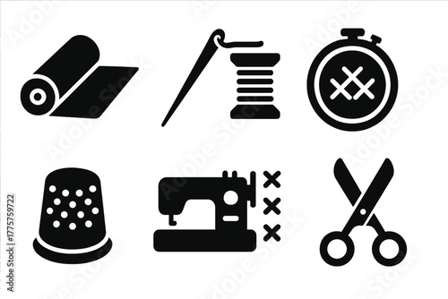 Textile Craft Icons. Solid style icons of Textile Craft: fabric roll, needle, thread spool, embroidery hoop, thimble, sewing