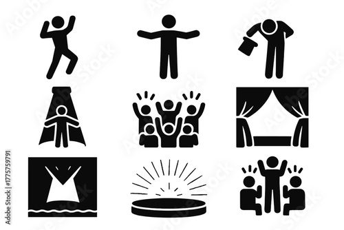 Theatrical Performance Icons. Solid style icons of Showmanship: dramatic pose, open arms, top hat bow, spotlight beam,