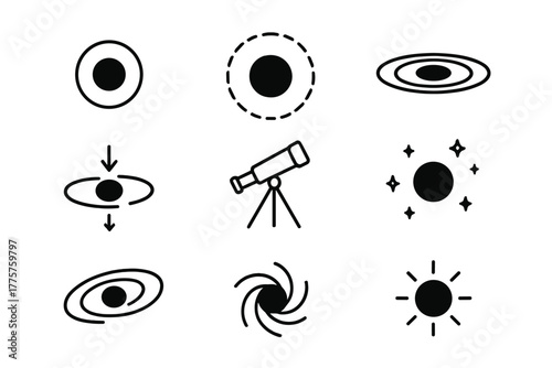 Black Hole Elements. Line style icons of Black Hole: Singularity Shadow, Event Horizon Ring, Rotating Disk, Gravitational Pull,