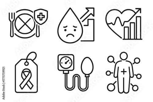 Fasting Health Icons. Line style icons of intermittent fasting: fasting and disease prevention, type 2 diabetes icon, heart health