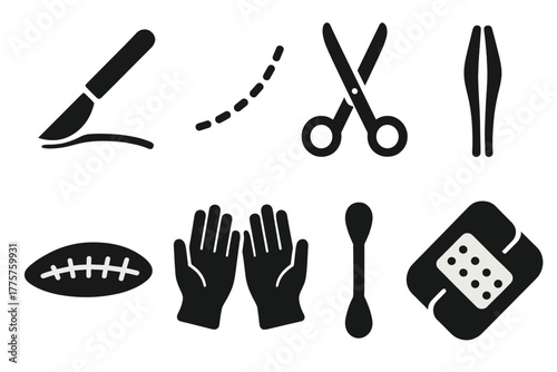 Surgical Instruments Icons. Solid style icons of incisions: scalpel, dotted line, surgical scissors, tweezers, stitched wound,