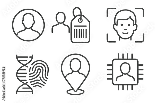 Cloning Technology Icons. Line style icons of cloning technology: clone identification, barcode tag, biometric clone scan, genetic