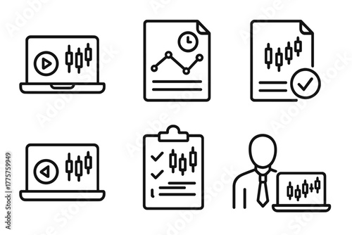 Forex Trading Line Icons. Line style icons of forex trading: forex simulator icon, historical chart data, backtest result chart,